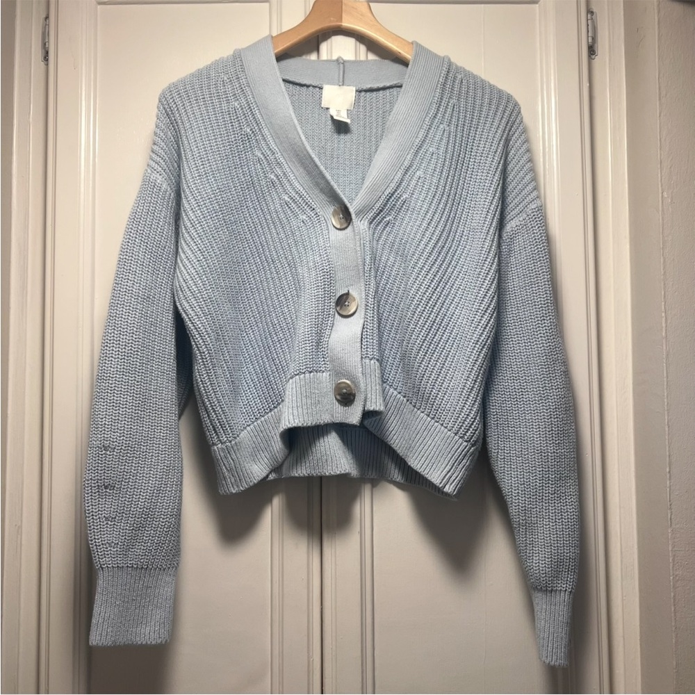 H&M Light Blue Knit Cardigan Three Button Down Up Coquette Core Sz Small Fall